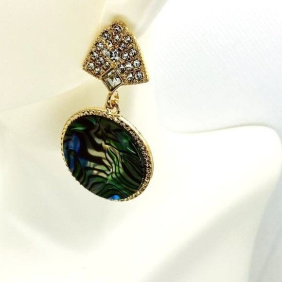 NWT Gold-Tone Crystal Abalone Colored Stone Dangle Earrings - Picture 1 of 10